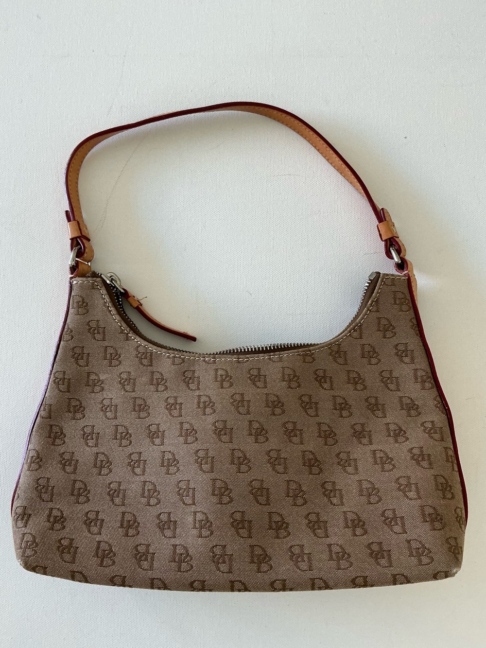 Dooney & Bourke Canvas DB Monogram Small Shoulder Bag Tan Leather Trim Zip Purse